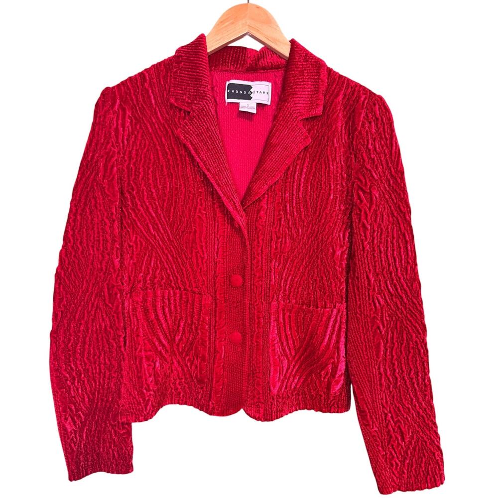 Vintage Rhonda Stark Bright Red Textured Crushed Velvet Blazer Size: S